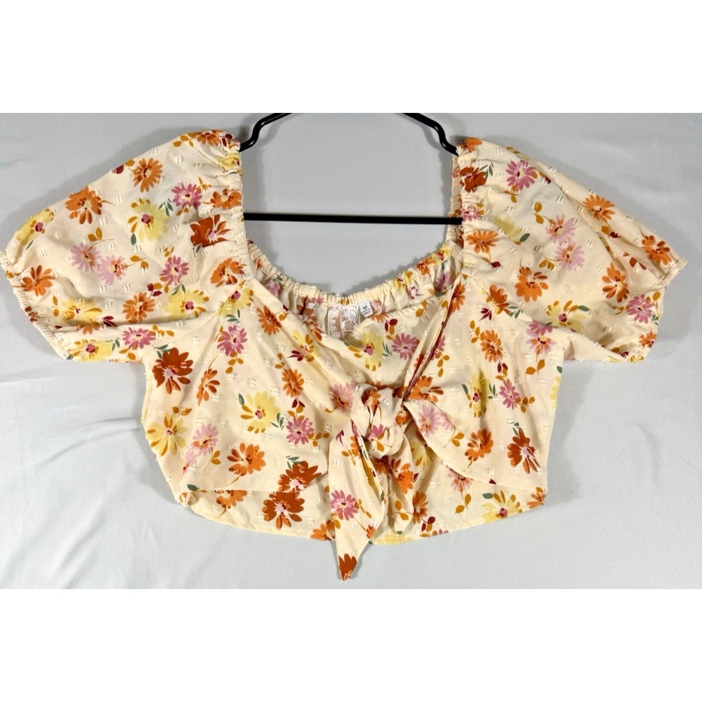 Sadie & Sage Floral Puff Sleeve Tie-Front Crop Top Womens Blouse Size M